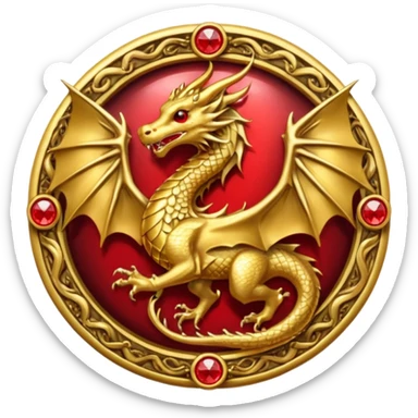 Golden dragon with wings crest / brosch in a circle with red gems and no background sticker