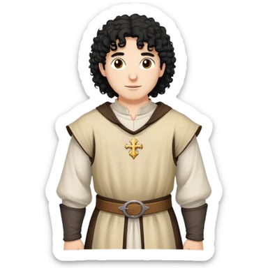 medieval outfit worn by a DnD themed fantasy character. basic low level clothes. clothes only above the waist. The clothes are only above the waist. The character's haven't arms. character is black hair brown eyes curly white man. sticker