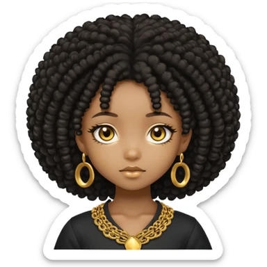 Create the same black chibi girl with long afro hair and beautiful gold eyes 20 times with different expression sticker