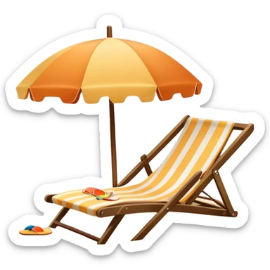 Icon for Beach Tourism: a sandy beach with a ocean landscape in the background, lounge chair, sun umbrella and flip-flops. The icon should capture the relaxation and fun of a beach vacation. Transparent background sticker