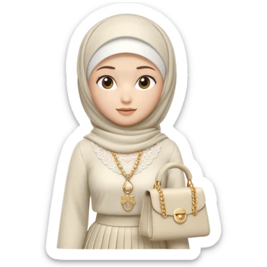 female memoji character, iPhone style, wearing white hijab, white lace top, pleated long skirt, cream handbag with gold chain, soft 3D shading, cute expression, no background, transparent PNG sticker