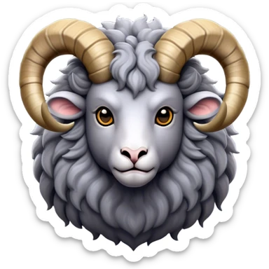 Cinematic Noble Ram Portrait Emoji, Poised and regal, with a sturdy, powerful build and a thick, woolly grey fur adorned with impressively curled horns, deep-set soulful dark eyes, Simplified yet sharp and sophisticated features, highly detailed, glowing with a soft, dignified glow, high shine, intelligent and commanding, stylized with an air of rugged majesty, focused and attentive, soft glowing outline, capturing the essence of a watchful and confident ram, so majestic it feels as though it could charge out of the screen with effortless authority! sticker