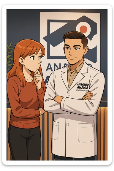 su questo stile fai un manga/webtoon a colori in cui una donna SI TOCCA IL MENTO CON L'INDICE MENTRE ASCOLTA PENSIEROSA L'UOMO, l'uomo della foto in stile manga LE SPIEGA CHE DEVE PROVARE LA SUA VALUTAZIONE MEDICA, mantieni un ambiente simile alla foto che ho allegato con il suo logo (sarebbe il suo studio, lui è un kinesiologo), scrivigli "ANTONIO ANANIA" sul camice bianco, non mettere fumetti, ma fai in modo che sembri che la donna ASCOLTI l'uomo sticker