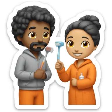 A couple brushing their teeth. She wears a snoopy orange robe and a bun in her hair, and he has a beard and dark hair and wears a gray sweatshirt. sticker