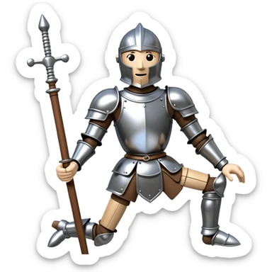 3D render of Knight Puppet as a wooden marionette puppet, Painted silver wood armor, strings, silver metal screw joints at elbows and knees, polished brown wood texture, rigid toy pose, emoji style, isolated on white background --v 6.0. sticker