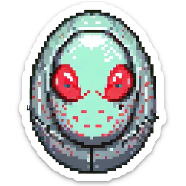 a strange large transparent alien egg, floating inside with a visible creature inside, embryo, embryonic, fetal shape, primordial, 3 glowing red eyes, illuminated from above sticker