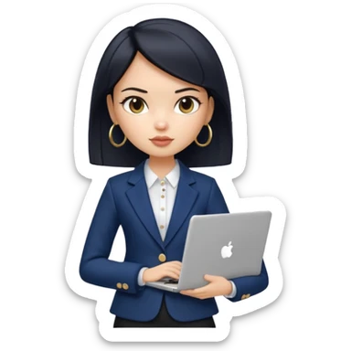 a pretty bratz girl with straight black short hair wearing a dark blue blazer and carrying a laptop. gold small hoops sticker