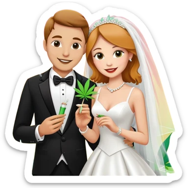 Bride in white dress and groom in tuxedo sharing a cannabis joint, cheerful cartoon wedding couple with vibrant colorful background sticker