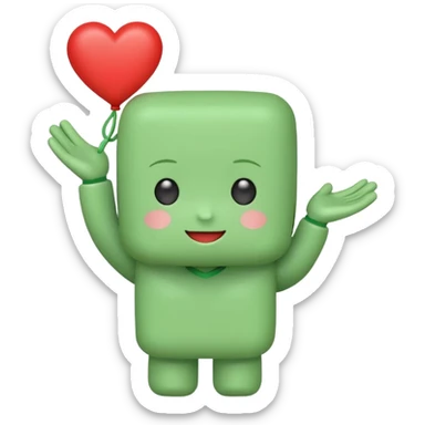A cute green block-headed mascot with a happy face and blush, wearing “FGH” on its chest. It holds a shiny red heart in one hand. Chibi style, soft glow outline, cheerful and friendly. sticker