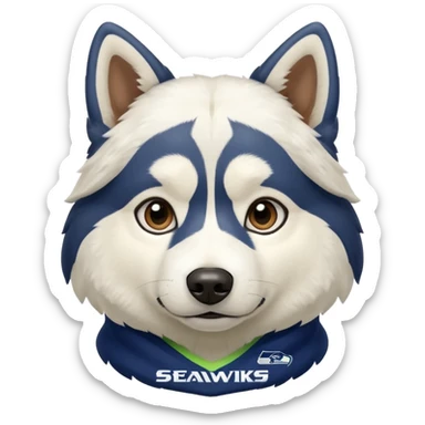 White  brown husky with Seattle Seahawks gear sticker