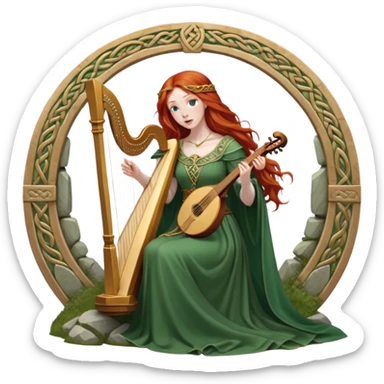 A woman with flowing red hair, wearing a green medieval gown with a golden belt, playing a harp in a stone circle, Celtic fantasy setting, detailed  sticker