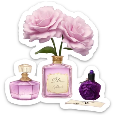 Aesthetic showcase of light pink stock flowers, a vintage-inspired violet perfume bottle, an emotional love note, and a purple silk bookmark. sticker