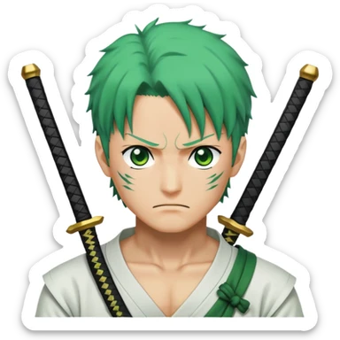 Roronoa Zoro with green hair, three swords, white shirt, green haramaki sticker