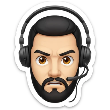Angry man with black hair, brown eyes, black beard wearing a gaming headset sticker
