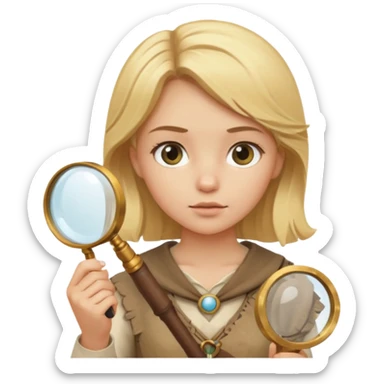 blonde haired girl in archaeological outfit, holding magnifying glass sticker