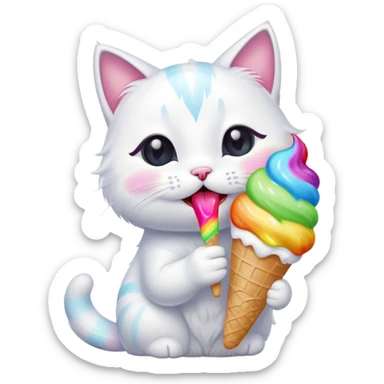 A cute white cat licking a colorful. Ice cream  sticker