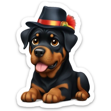 A Rottweiler with a funny hat sticker