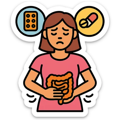 woman with intestinal dysbiosis caused by wrong supplementation, medical infographic style, suffering expression, clinical details, supplement icons, neutral background sticker