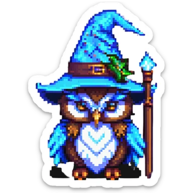 pixel art owl with a wizard hat sticker