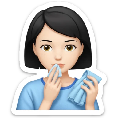 a white woman who has black short hair cleaning her face sticker