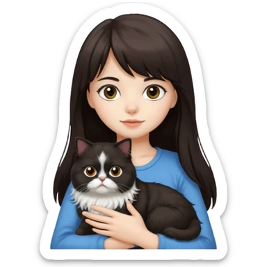 a girl with long, dark brown hair and bangs, carrying a black and white fluffy Persian cat sticker
