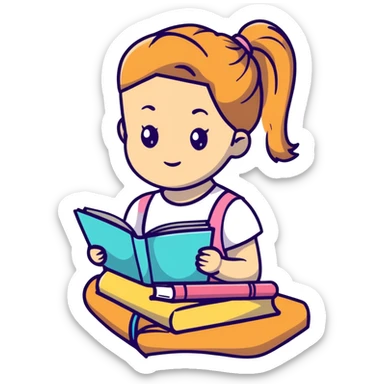 Cute girl with ponytail reading from an open notebook sticker
