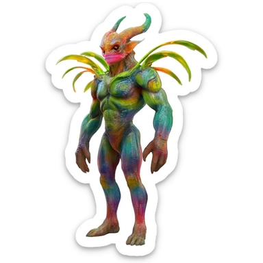 Tropical futuristic lush warm-colored neon Fionbri-Vernid-creature (full body) sticker