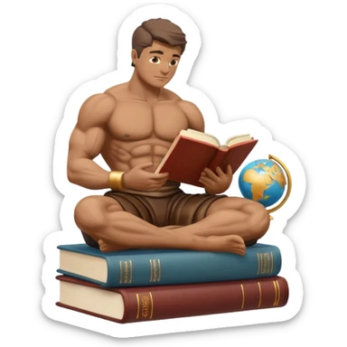 stoic muscular statue reading a book while sitting on books, globe present, emoji style sticker