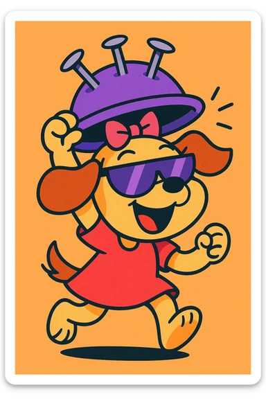cartoon puppy girl lifting a nail hat, wearing half purple sunglasses, cheerful and energetic, fun and expressive style sticker
