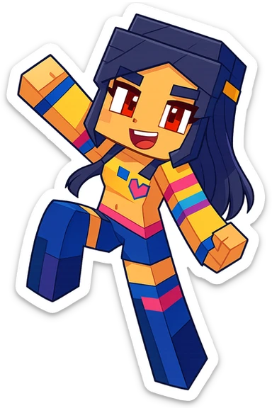 Extract the middle character with dark hair and yellow and blue outfit from the image, fully visible and separate, preserving the original Minecraft cartoon style and appearance, with a transparent background. sticker
