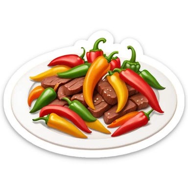 cooked meat saute object icon, beef strips with peppers, 3D cartoon, mobile game icon style, clean background, no text, no watermark
 sticker