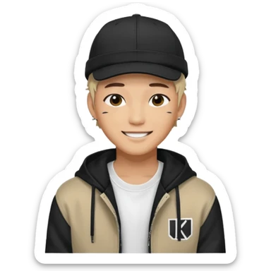 Portrait of a male K-pop idol, wearing a stylish streetwear outfit with layered clothing, makeup, wearing a black cap, happy sticker