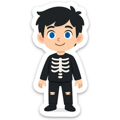 flat toon style black-haired, blue-eyed boy wearing a black skeleton top and ripped black jeans sticker