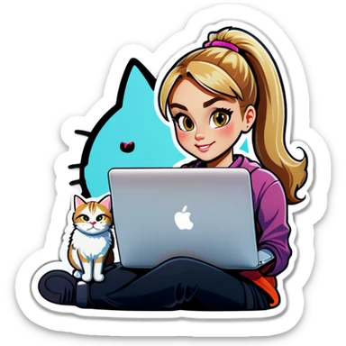 Blonde girl ponytail macBook and a cat sticker