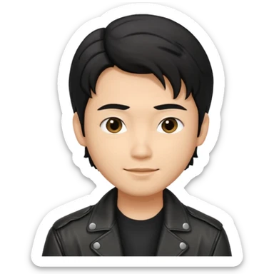 Asian guy wavy hair, dressed cool in black jacket, demure but with a smirk  sticker
