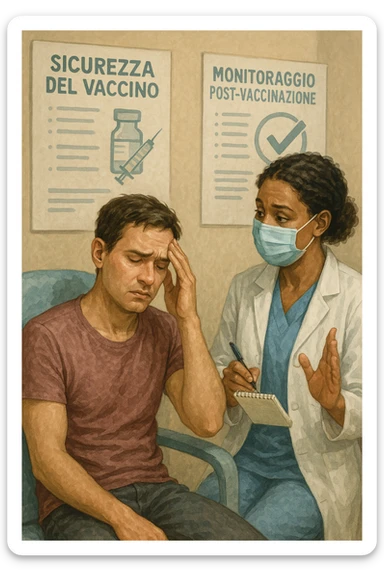 Vertical, educational medical illustration: a healthcare professional observes a patient who appears unwell after receiving a vaccine. The patient sits in a clinic chair, showing mild symptoms such as fatigue or headache, while the professional takes notes and offers reassurance. The background includes educational posters about vaccine safety and monitoring. realistica in italiano sticker