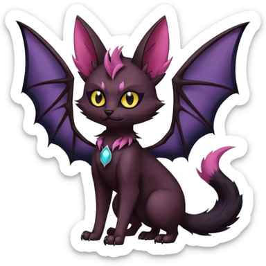 Black edgy Swoobat-Noibat-Purloin-Torracat-Lykoi-Caracal-cat-Fakemon-fusion-hybrid-creature with with tufted ears, tufted tail, bat wings as ears, head wings, ear wings, vampiric, batty sticker