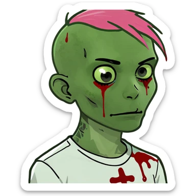 green zombie boy with blood with scratches, pink hair and eyebrows, and a white shirt sticker