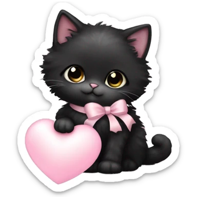 black fluffy fat kitten with pale pink bow holding a pale pink heart sticker