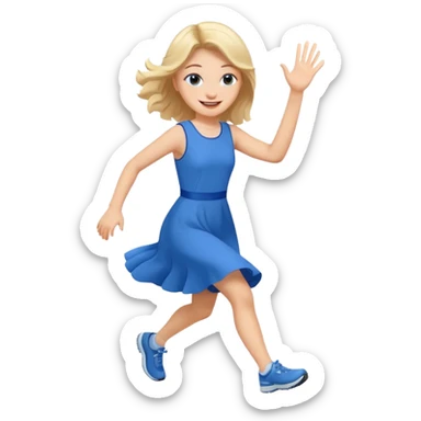 A girl in a blue dress runs and waves hello sticker