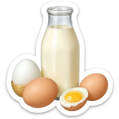 A cluster of dairy items: a milk bottle with an 3 eggs on the left side and birck of butter on the right side sticker
