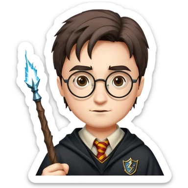 Harry Potter with glasses, lightning scar, and wand sticker