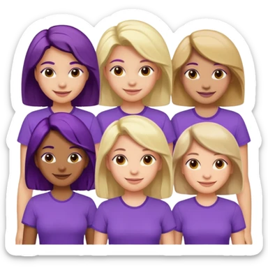women with various hair types and skin tones, purple shirt, one of each type in a group sticker