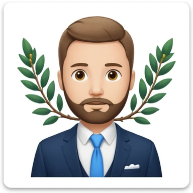 emoji-style portrait of man with short hair and beard, in suit and white shirt, blue background with white laurel branch sticker