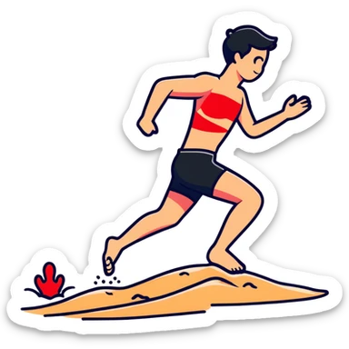 person hopping on hot beach sand with red pain marks on foot and steam rising from the sand sticker