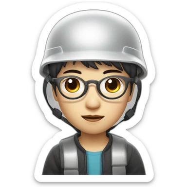 chinese boy with small eye and thick lip wearing thin metal glasses and withe safety helmet sticker