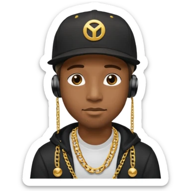 black guy with golden chains earbuds and a snapback cap sticker