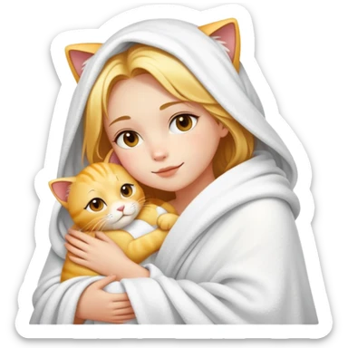 A beautiful girl with fair skin who just took a bath and wrapped in a white blanket hugged a golden cat sticker