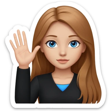 A girl with makeup, long light brown hair, blue eyes, with her palm up. with black clothes sticker