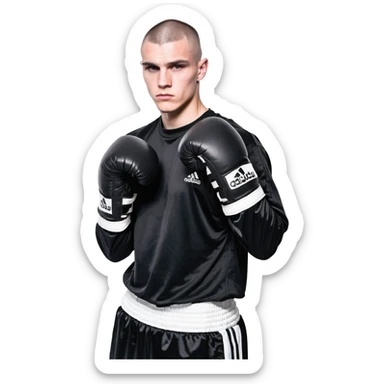 white man with dark hair, dark eyes, buzzcut faded haircut, 100kg boxer, wearing full black clothes, black adidas boxing gloves sticker